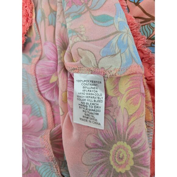 Umgee Plus 1XL Boho Cottagecore Floral F Hem Fringe Top Pink Multi - Picture 5 of 5